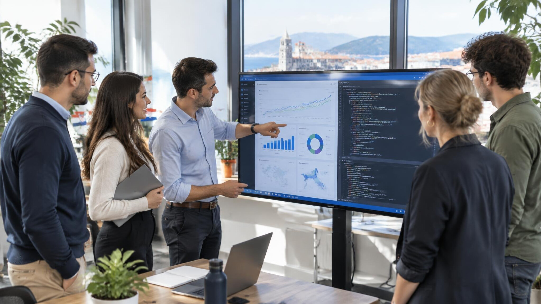 Professionals reviewing business software on a large monitor in a modern office