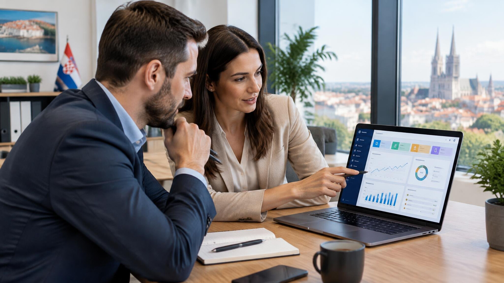Two colleagues discussing a business system on a laptop in an office