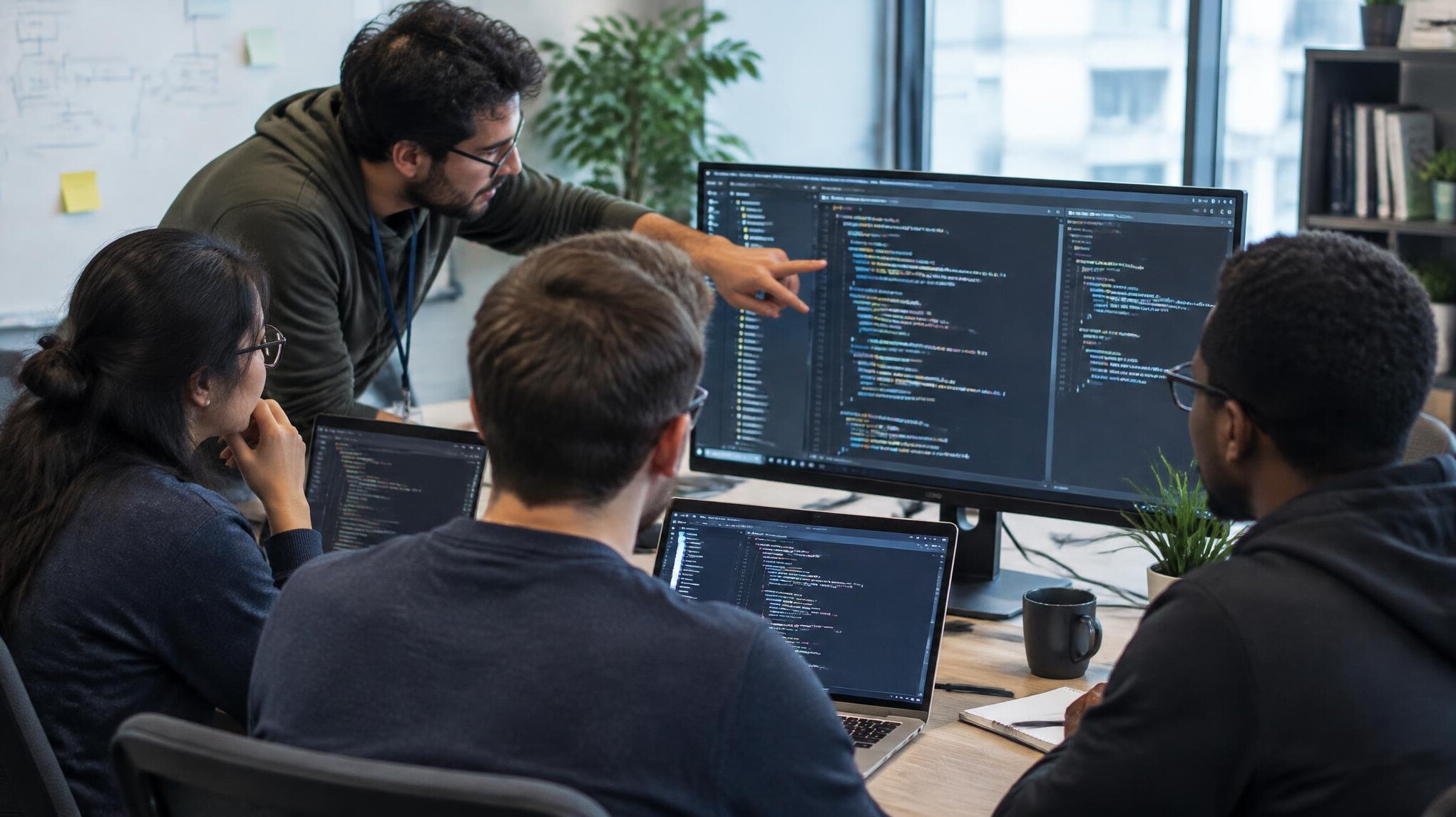 team of programmers collaborating in office