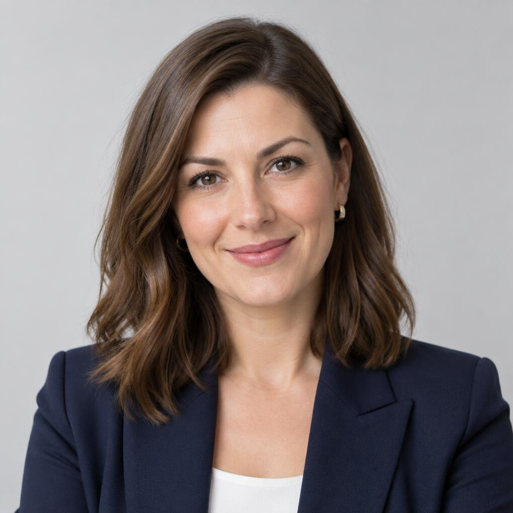 Studio portrait of a Croatian woman in her 30s wearing a blazer