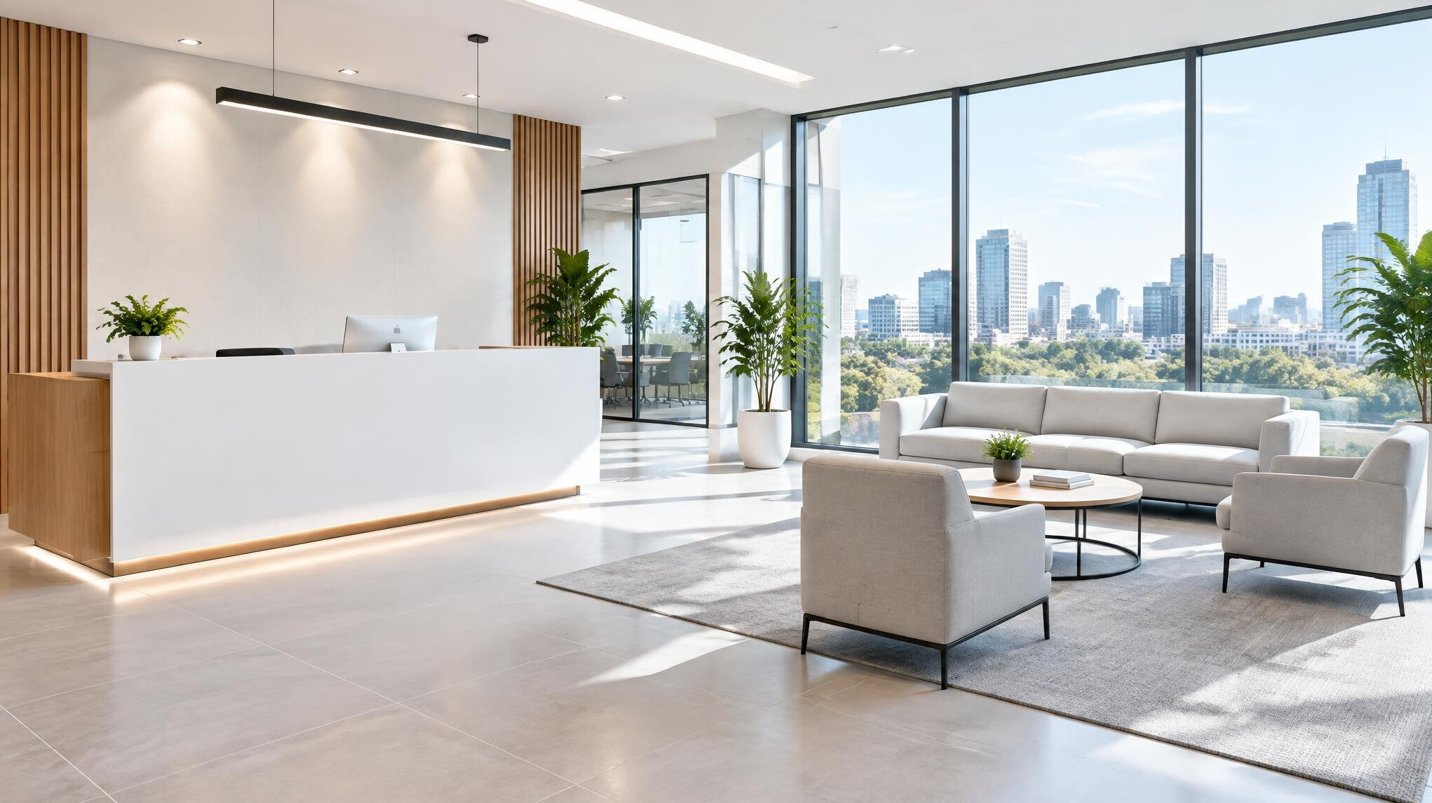 Bright modern office reception desk area