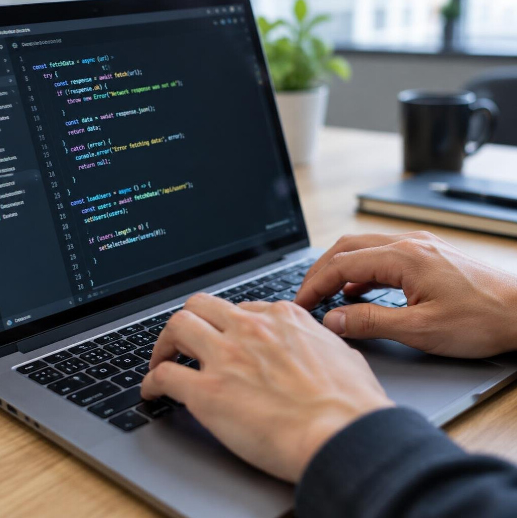 Close-up of hands typing on a laptop keyboard with code on screen